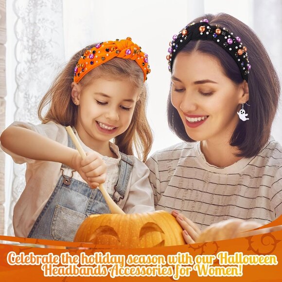 Halloween Headband and Earrings Set Women Rhinestone Pearl Ghost Bat Pumpkin - Picture 5 of 6